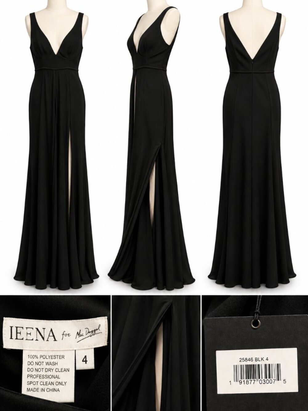 Ieena for Mac Duggal Black Plunge Neck High-Slit Gown – Size 4 – NWT